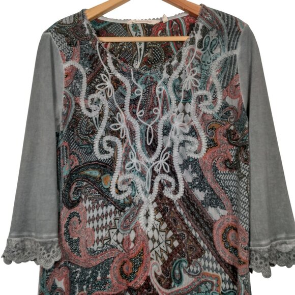 Soft Surroundings Tunic Top Shirt Women Small Gray Paisley Embroidered Lace Trim - Picture 2 of 16